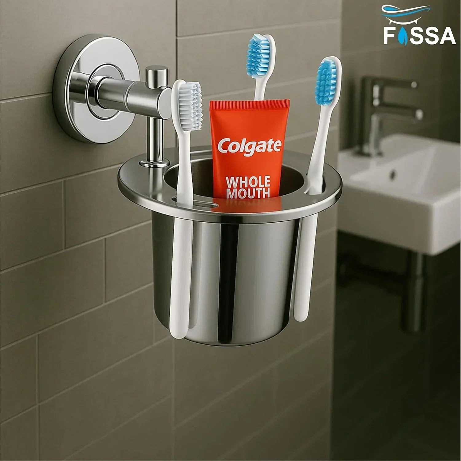 Stainless Steel Wall Mounted Brush & Tumbler Holder Silver - Fossa Home