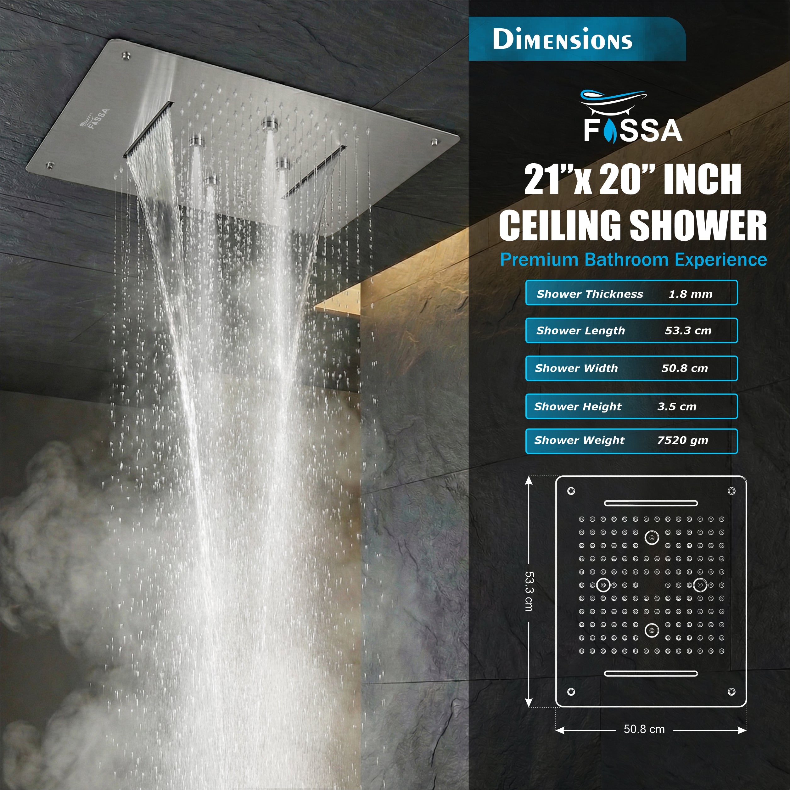 Three Mode Overhead Shower Mist,Rain,Waterfall (22x20 Inch)