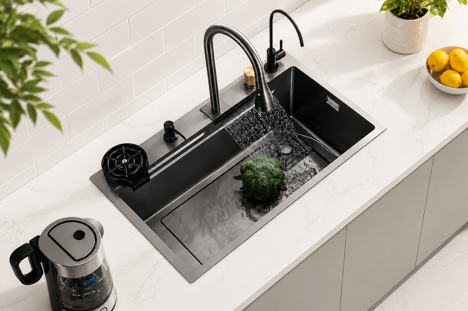 Modern kitchen sink with faucet on a white countertop
