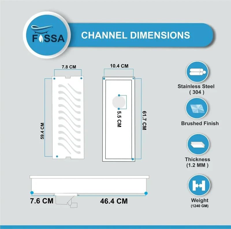 Wave (24x 4 Inches) Honeycomb Shower Drain Channel With Side Hole AISI 304 Stainless Steel