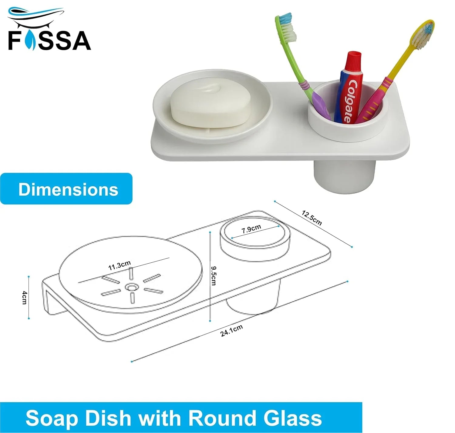 abs unbreakable white soap dish with toothbrush holder, round ceramic finish