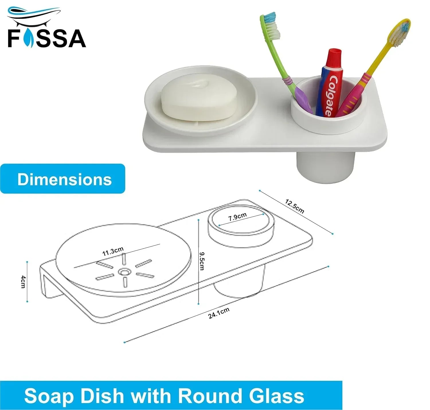 White Soap Dish with Toothbrush Holder Unbreakable Abs Round Ceramic Finish (RW-120) - Fossa Home