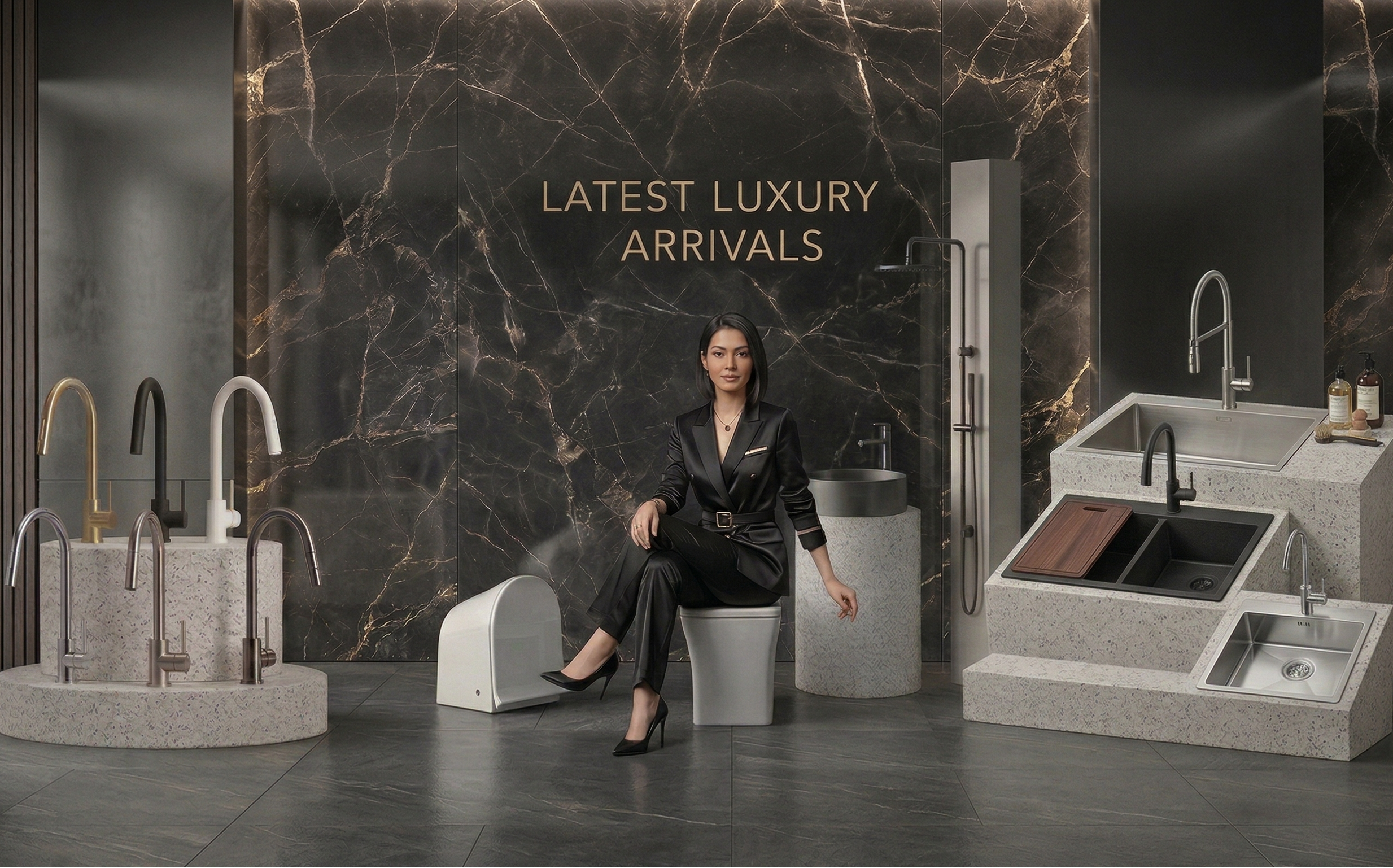 Woman sitting among luxury bathroom fixtures with 'Latest Luxury Arrivals' text on a marble wall.