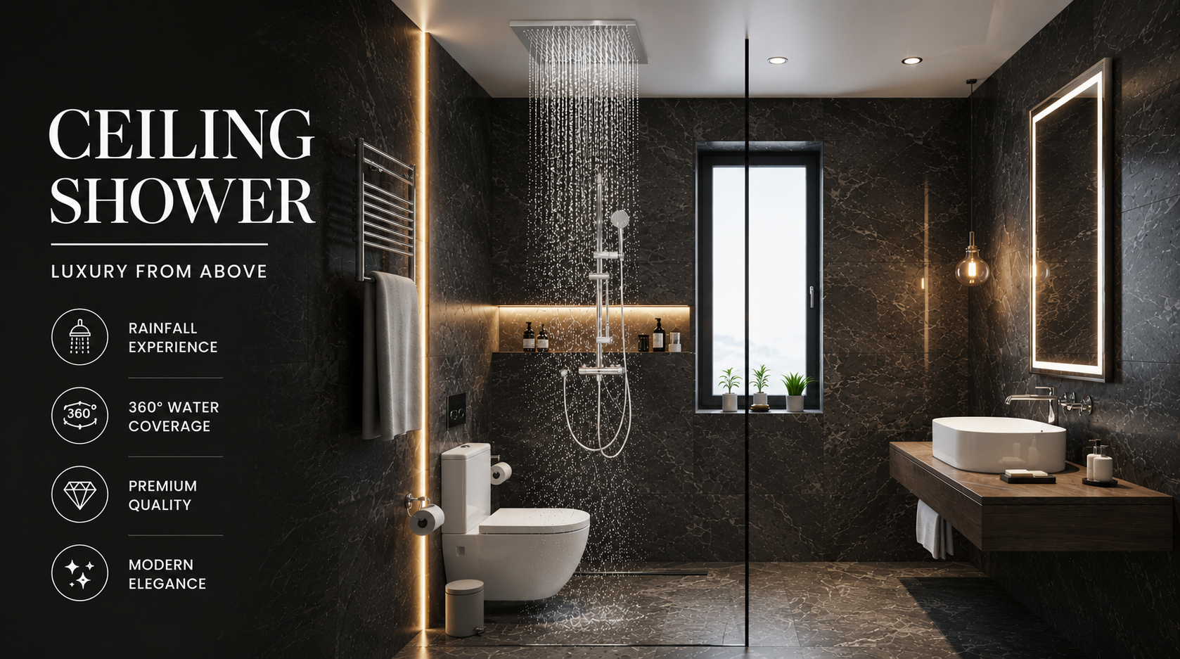 Modern bathroom with ceiling shower system, featuring text and icons on the left.