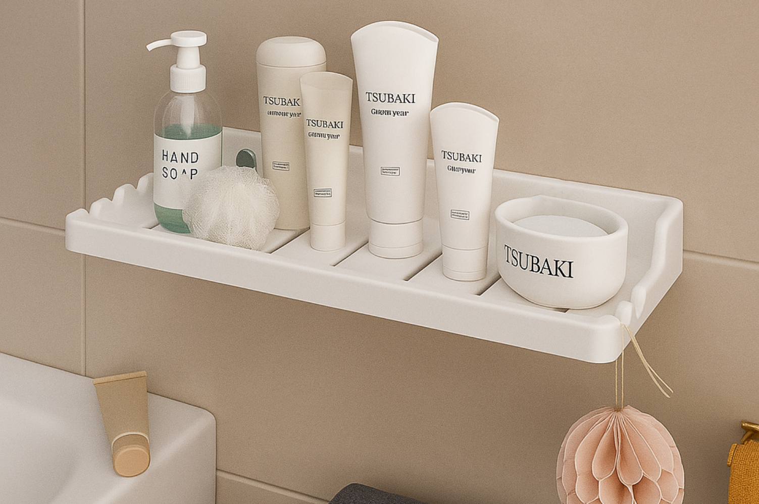 Bathroom shelf with Tsubaki skincare products on a beige wall.