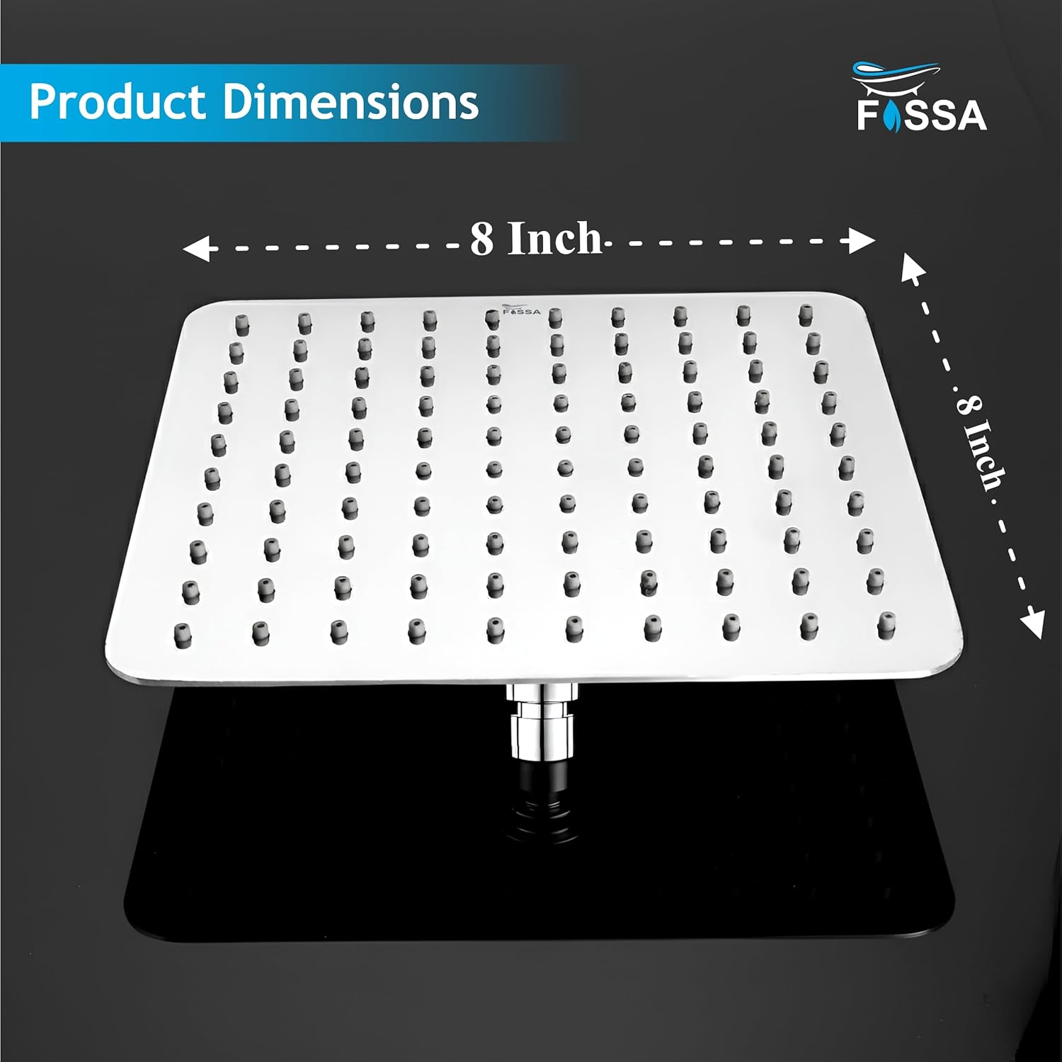 Colva (8x8 Inches) 304- Grade Stainless Steel Chrome Finish Overhead Shower With Arm (15 Inch) - Fossa Home