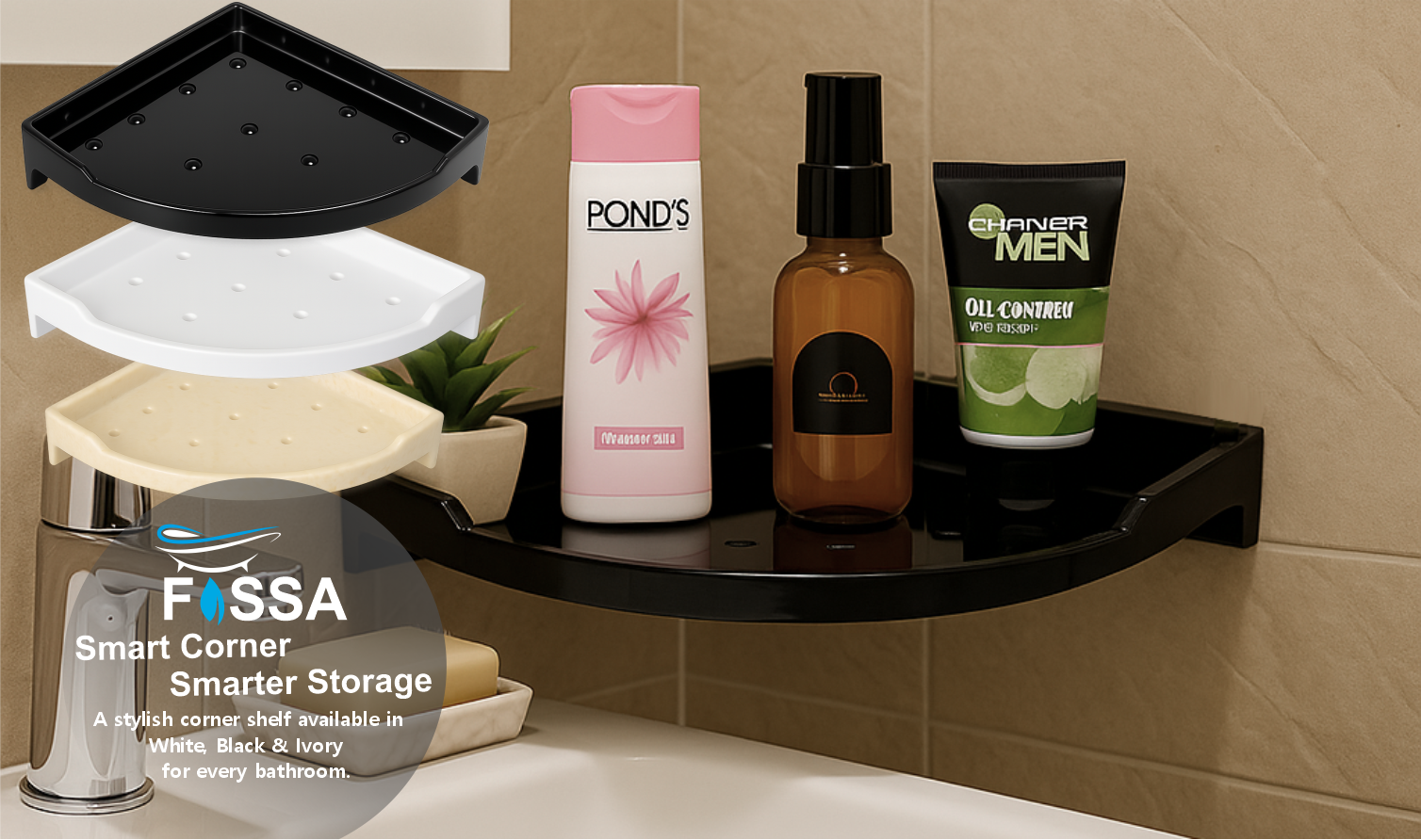 Wall-mounted corner shelf used for bathroom organisation