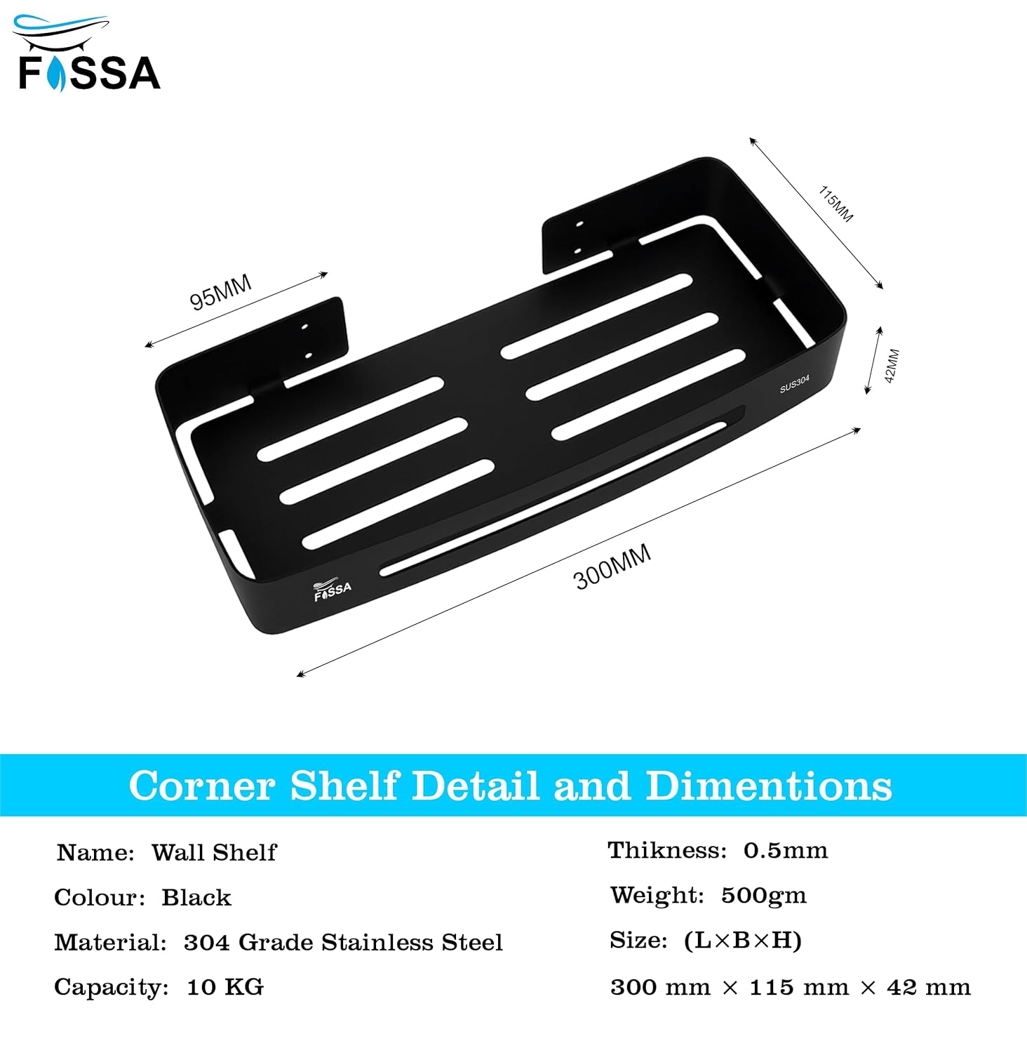 Square Stainless Steel Corner Shelf Pack of 3 (Black)