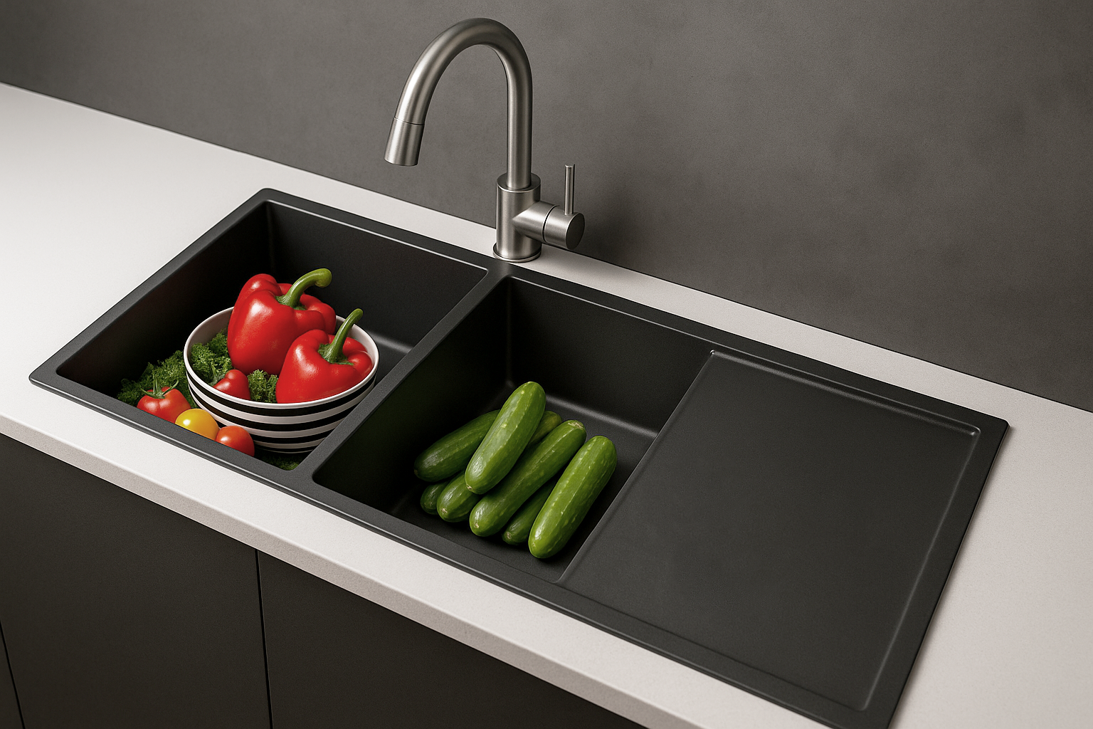 Black kitchen sink with vegetables on a gray countertop