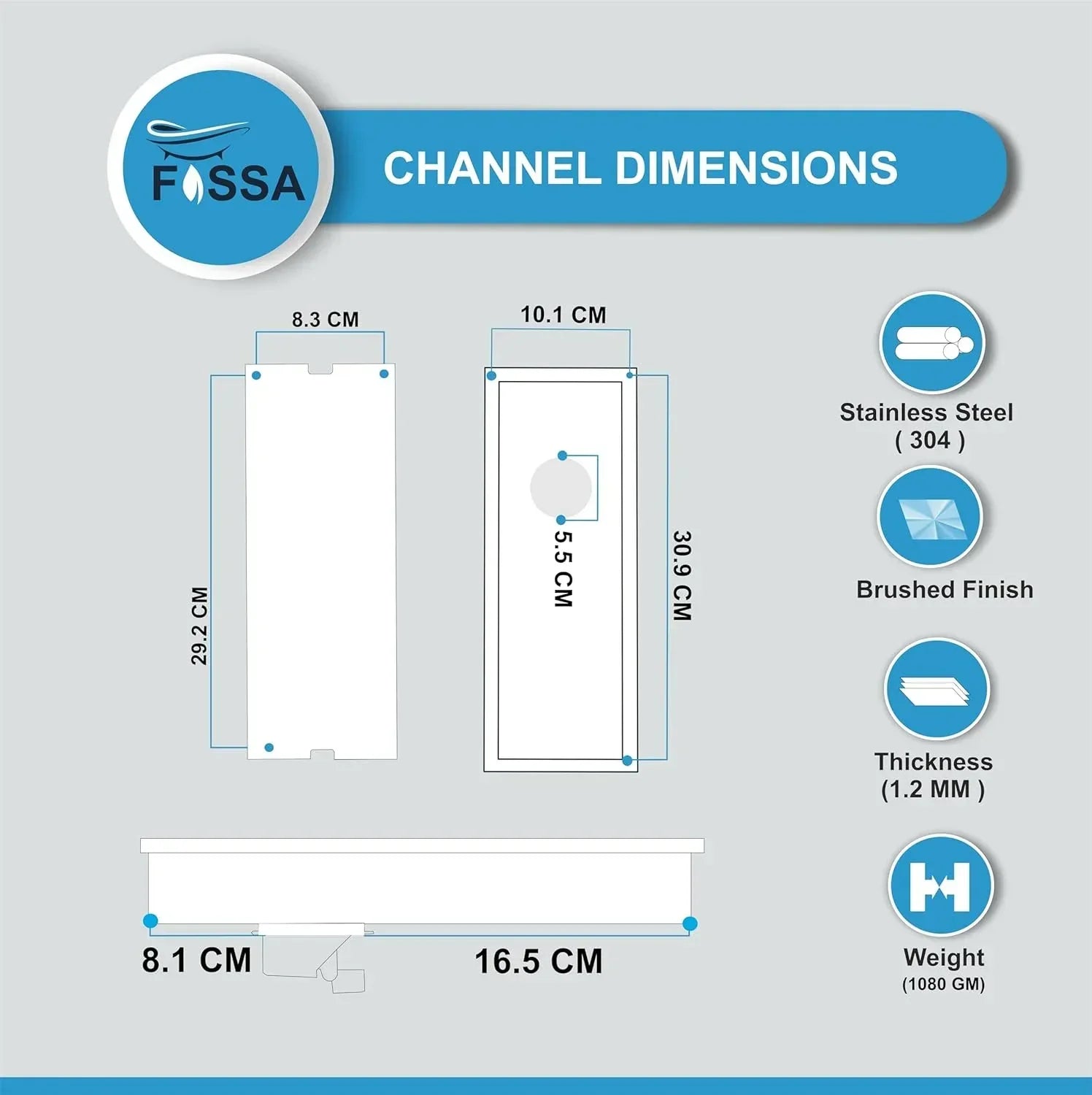 Marble (12x 4 Inches) 304 Grade Brushed Shower Channel Drain Floor Drain - Fossa Home