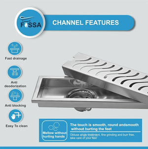 Wave (12x 4 Inches) 304 Grade Brushed Shower Channel Drain Floor Drain - Fossa Home