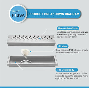 Wave (12x 4 Inches) 304 Grade Brushed Shower Channel Drain Floor Drain - Fossa Home