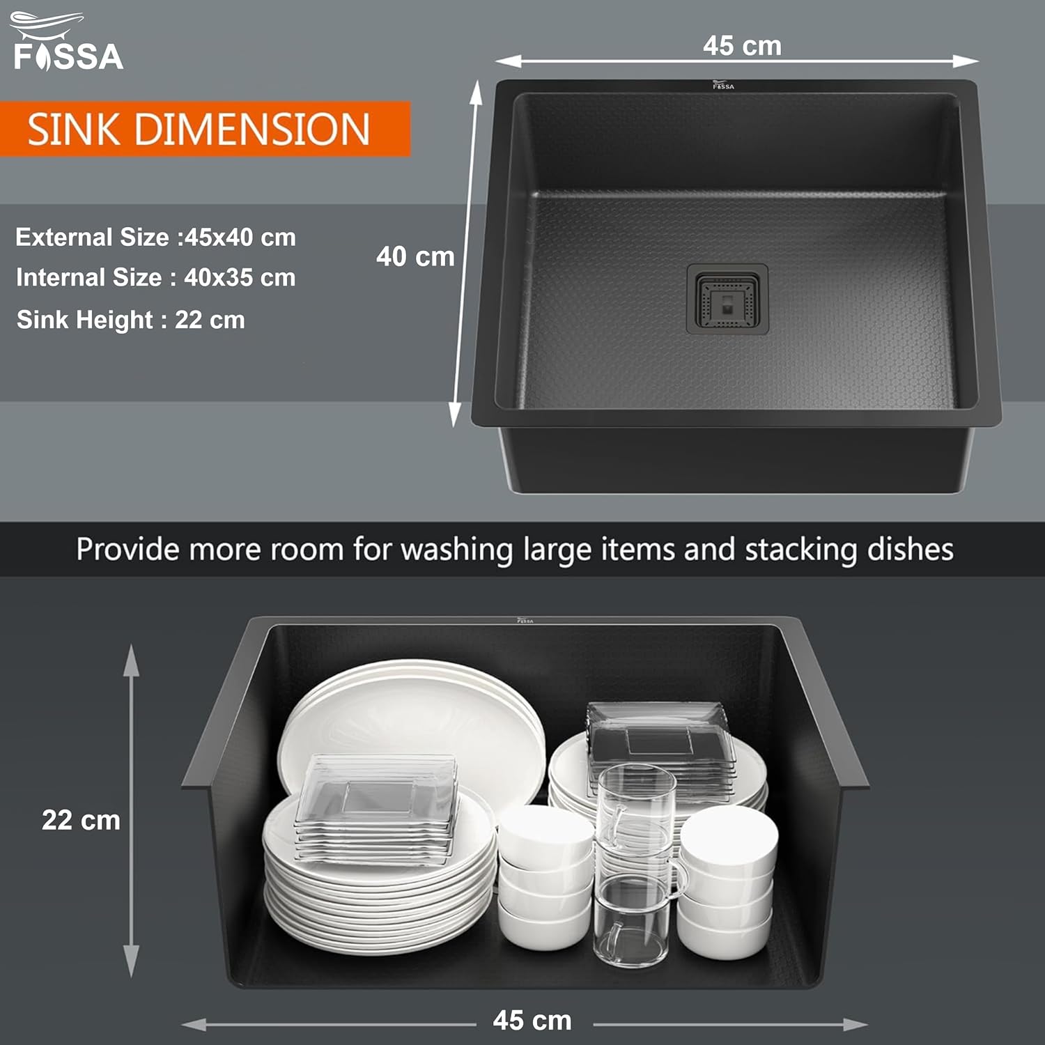 Fossa 18"x16"x09" Single Bowl 304 Grade Honeycomb Embossed Handmade Kitchen Sink with Black Nano Coating, Stainless Steel Sink (Black) - Fossa Home