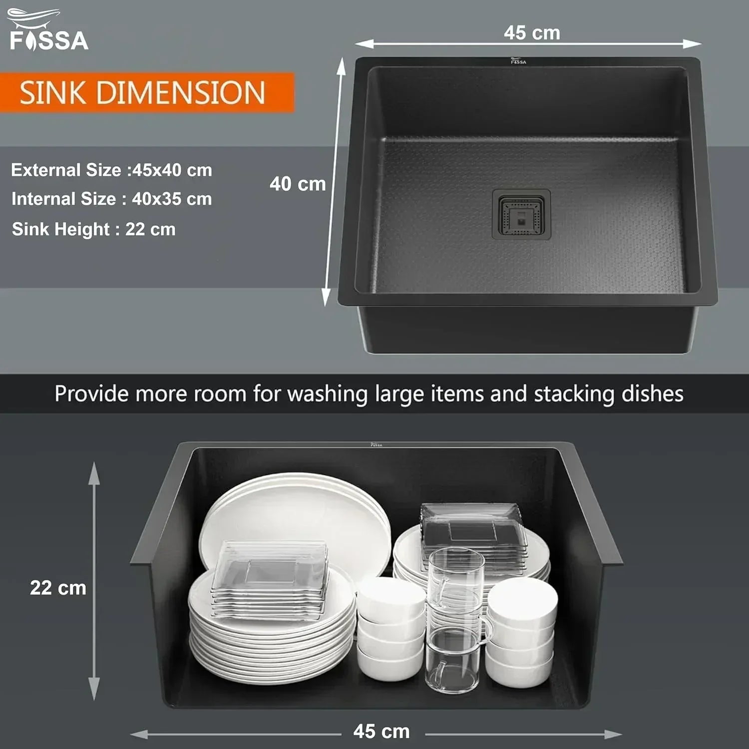 304 Honeycomb Embossed (18"x16"x09") Inch Single Bowl Black Kitchen Sink with Nano Coating - Fossa Home