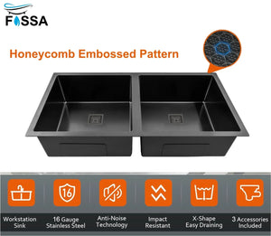 Fossa 45"x20"x10" Inch Double Bowl 304 Grade Honeycomb Embossed Kitchen Sink with Nano Coating (Black ) - Fossa Home
