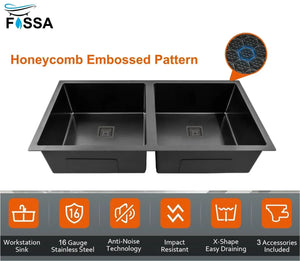304 Honeycomb Embossed (45"x20"x10") Inch Double Bowl Black Kitchen Sink with Nano Coating - Fossa Home