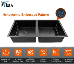 Fossa 45"x20"x10" Inch Double Bowl 304 Grade Honeycomb Embossed Kitchen Sink with Nano Coating (Black ) - Fossa Home