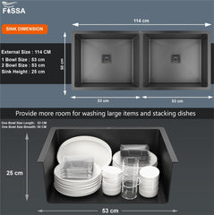 Fossa 45"x20"x10" Inch Double Bowl 304 Grade Honeycomb Embossed Kitchen Sink with Nano Coating (Black ) - Fossa Home