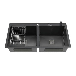 Fossa 45"x20"x10" Inch Double Bowl Tap Hole With Soap Dispenser 304 Grade Stainless steel Handmade Kitchen Sink ( Black ) - Fossa Home