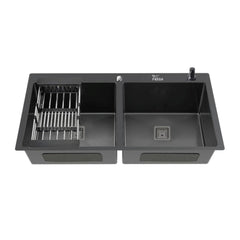 Fossa 45"x20"x10" Inch Double Bowl Tap Hole With Soap Dispenser 304 Grade Stainless steel Handmade Kitchen Sink ( Black ) - Fossa Home