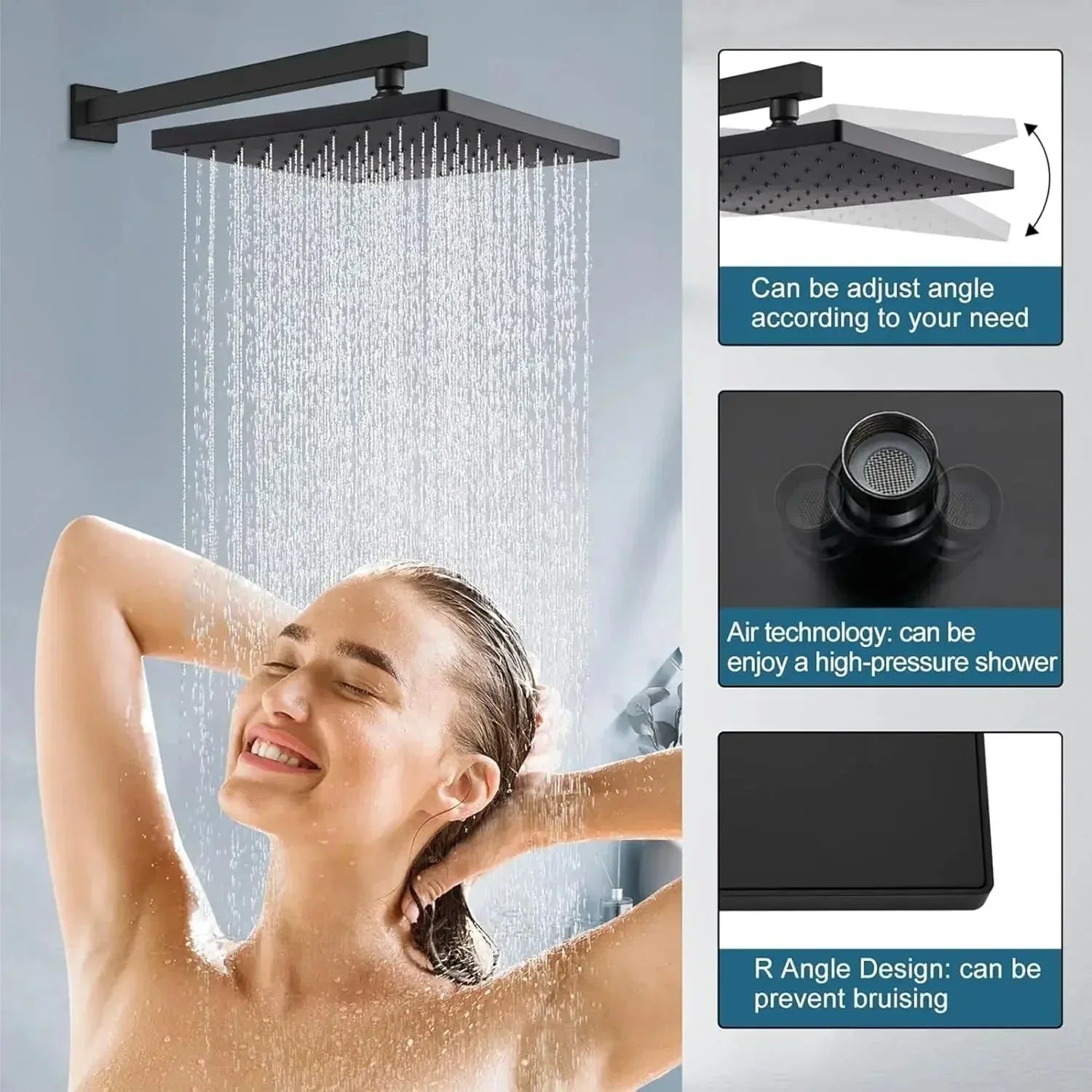 Fossa 8 Inch Rainfall Shower Head 304 Stainless Steel Rain Showers Overhead Wall Mounted (Black) - Fossa Home