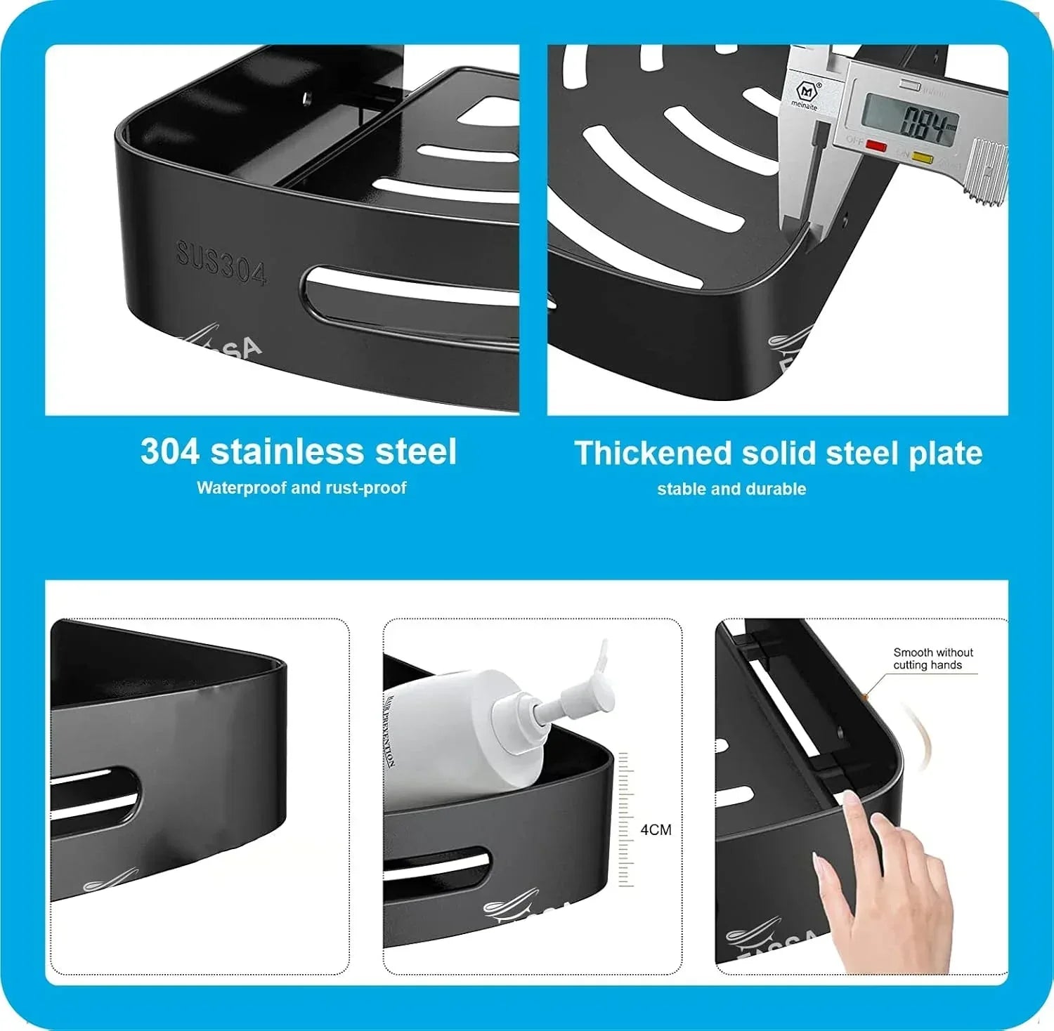 Caddy Stainless Steel Wall Storage Corner Shelf (Black) 3 Set - Fossa Home