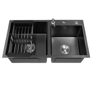 Fossa Black Kitchen Sink - 32" x18" x 09" Inch Stainless Steel Double Bowl Sink with Tap Hole, Drain Basket, Soap Dispenser, Drain - Topmount Sink for Campervan or Home Kitchen (Round Coupling) - Fossa Home