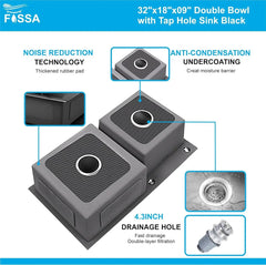 Fossa Black Kitchen Sink - 32" x18" x 09" Inch Stainless Steel Double Bowl Sink with Tap Hole, Drain Basket, Soap Dispenser, Drain - Topmount Sink for Campervan or Home Kitchen (Round Coupling) - Fossa Home
