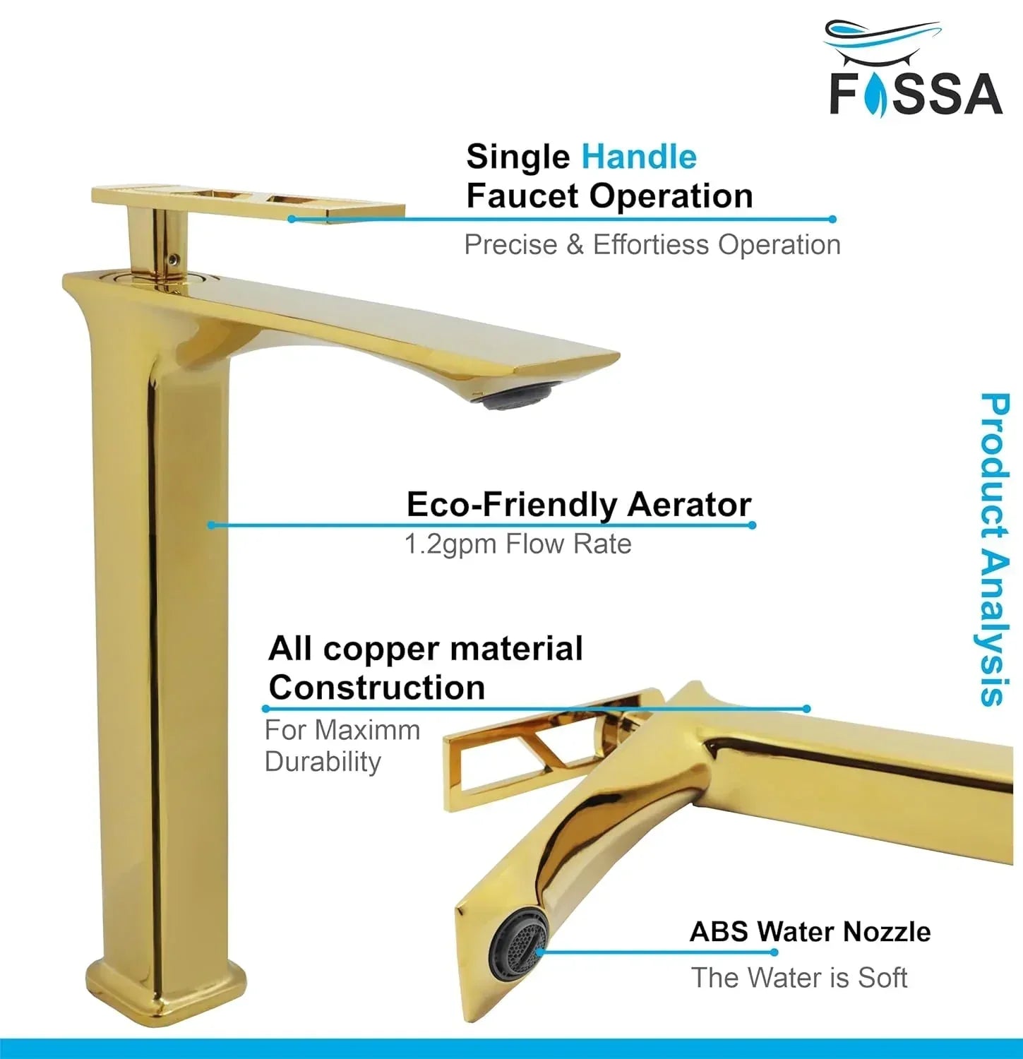Fossa Classy Extended Body Brass Bathroom Sink Wash Basin Mixer Tap Single Handle Hot & Cold Lavatory Sink Faucet for Living Room & Bathrooms (Gold) - Fossa Home