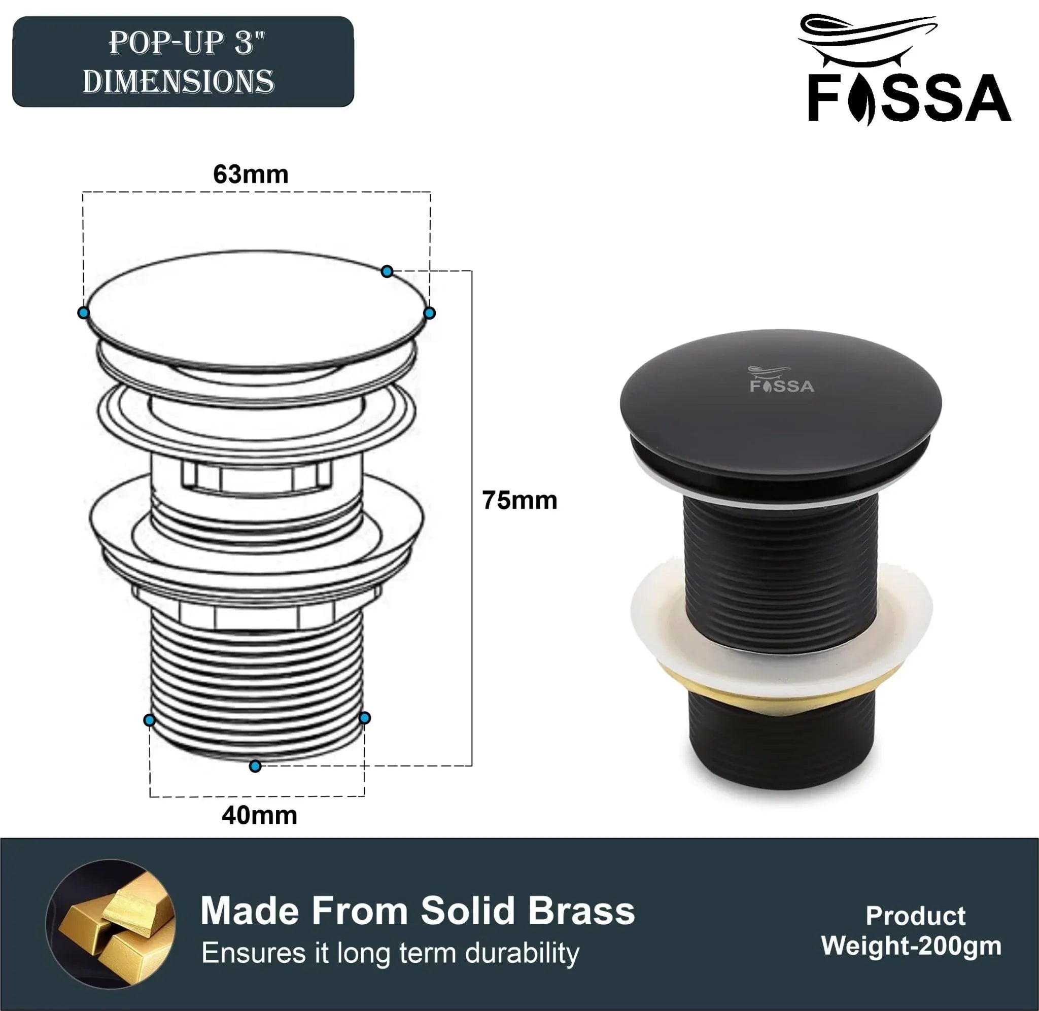 3 Inch Black Brass Pop Up Waste Coupling - Fossa Home