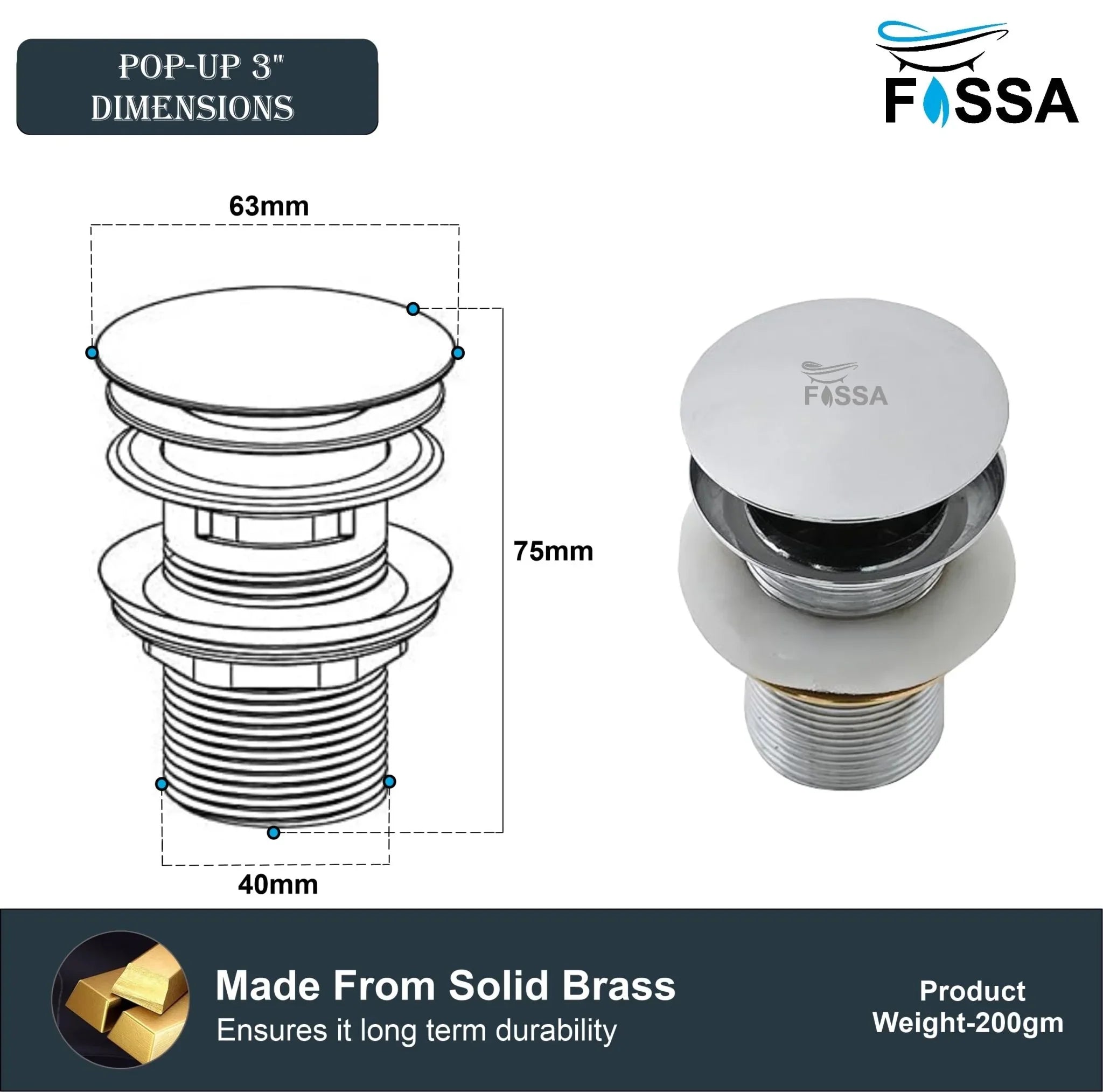 Fossa 3" Inch Brass Pop Up Waste Coupling with Smooth Push Button,Waste Coupling,Drain Out let System Pop up Full Threaded Waste Coupling (Chrome Finish) - Fossa Home