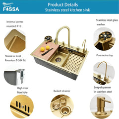 Fossa 30"x18"x10" inch Single Bowl 304 grade Waterfall Kitchen Sink Honeycomb Embossed Sink with White Nano Coating, Stainless Steel, Rectangular Workstation, faucet With all Accessories.Gold Fossa Home
