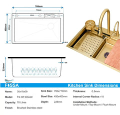 Fossa 30"x18"x10" inch Single Bowl Premium Waterfall Kitchen Sink Honeycomb Embossed Sink with White Nano Coating, Stainless Steel, Rectangular Workstation, faucet With all Accessories.Gold Fossa Home