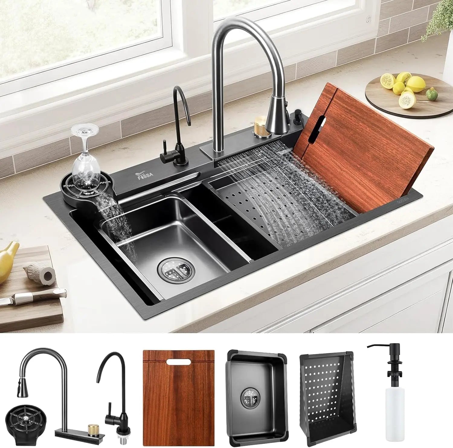 Fossa 32"x18"x10" inch Single Bowl Waterfall Kitchen Sink 304 Grade Honeycomb Embossed Sink with White Nano Coating, Stainless Steel, Rectangular Workstation, Faucet With All Accessories. Fossa Home