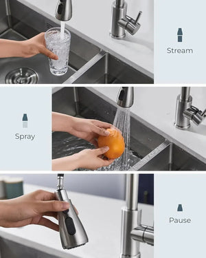 Triple-Flow Heavy SUS 304 Pull-Out 360° Hot & Cold Kitchen Mixer Faucet Siver - Fossa Home