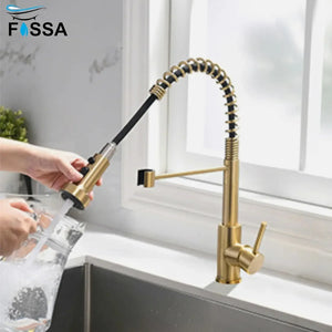 Single-Flow Pull-Down 360° Hot & Cold Brushed Nikal Kitchen Mixer Faucet Gold - Fossa Home