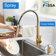 Fossa Pull Down Sprayer, Kitchen Mixer Tap 360° Swivel, Commercial Kitchen Faucet Single Handle Mixer Tap with 2 Spray Modes Brushed (Gold) Fossa Home