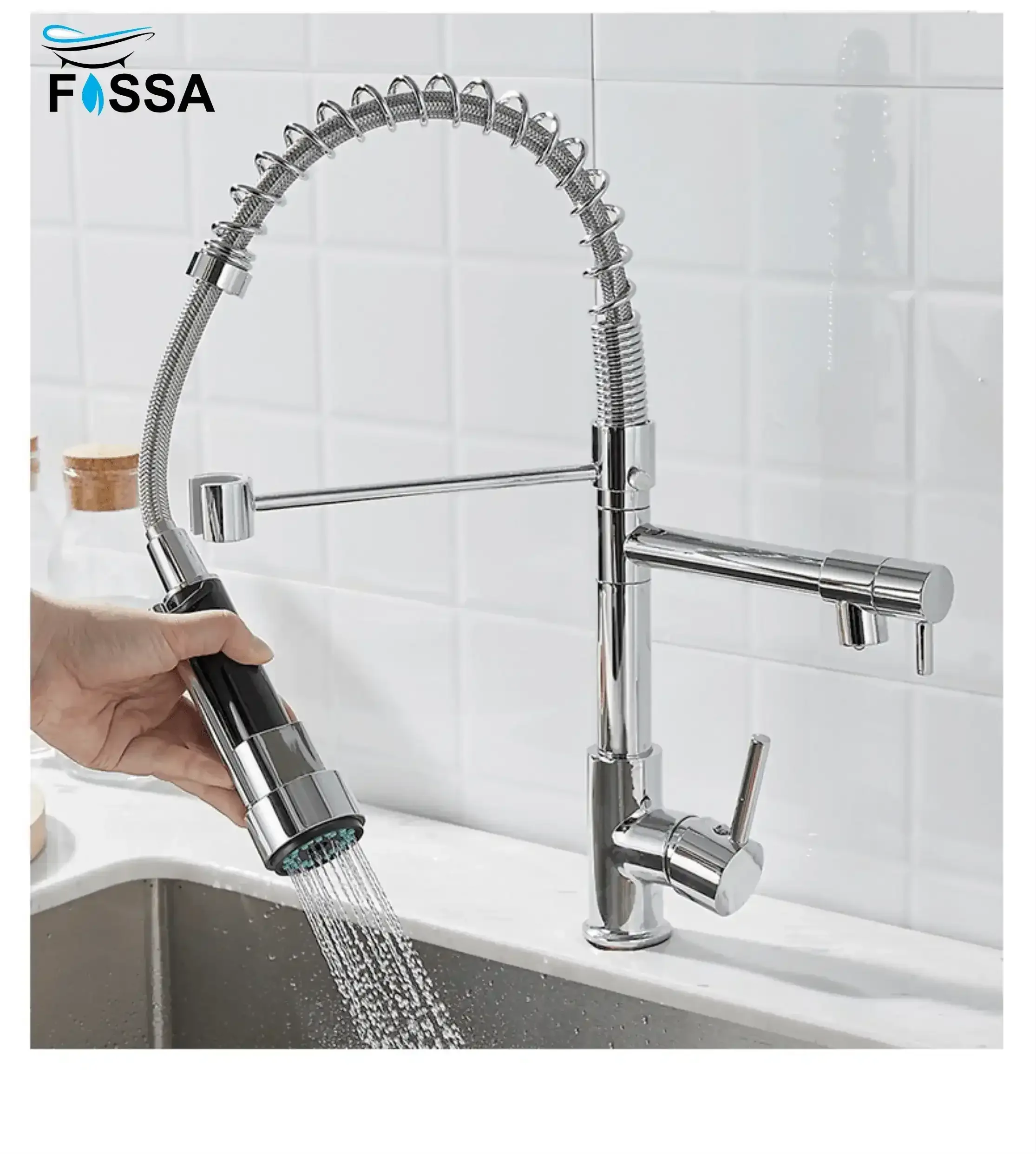 Spring Kitchen Sink Mixer Tap with Pull-Down Sprayer Silver 360° Hot & Cold - Fossa Home