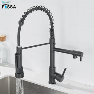Single-Flow Dual Outlet Pull-Down 360° Hot & Cold Brushed Nikal Kitchen Mixer Faucet Black - Fossa Home