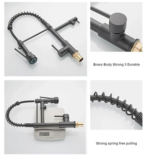 Single-Flow Dual Outlet Pull-Down 360° Hot & Cold Brushed Nikal Kitchen Mixer Faucet Black - Fossa Home