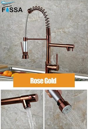 Spring Kitchen Sink Mixer Tap with Pull-Down Sprayer Rose Gold 360° Hot & Cold - Fossa Home