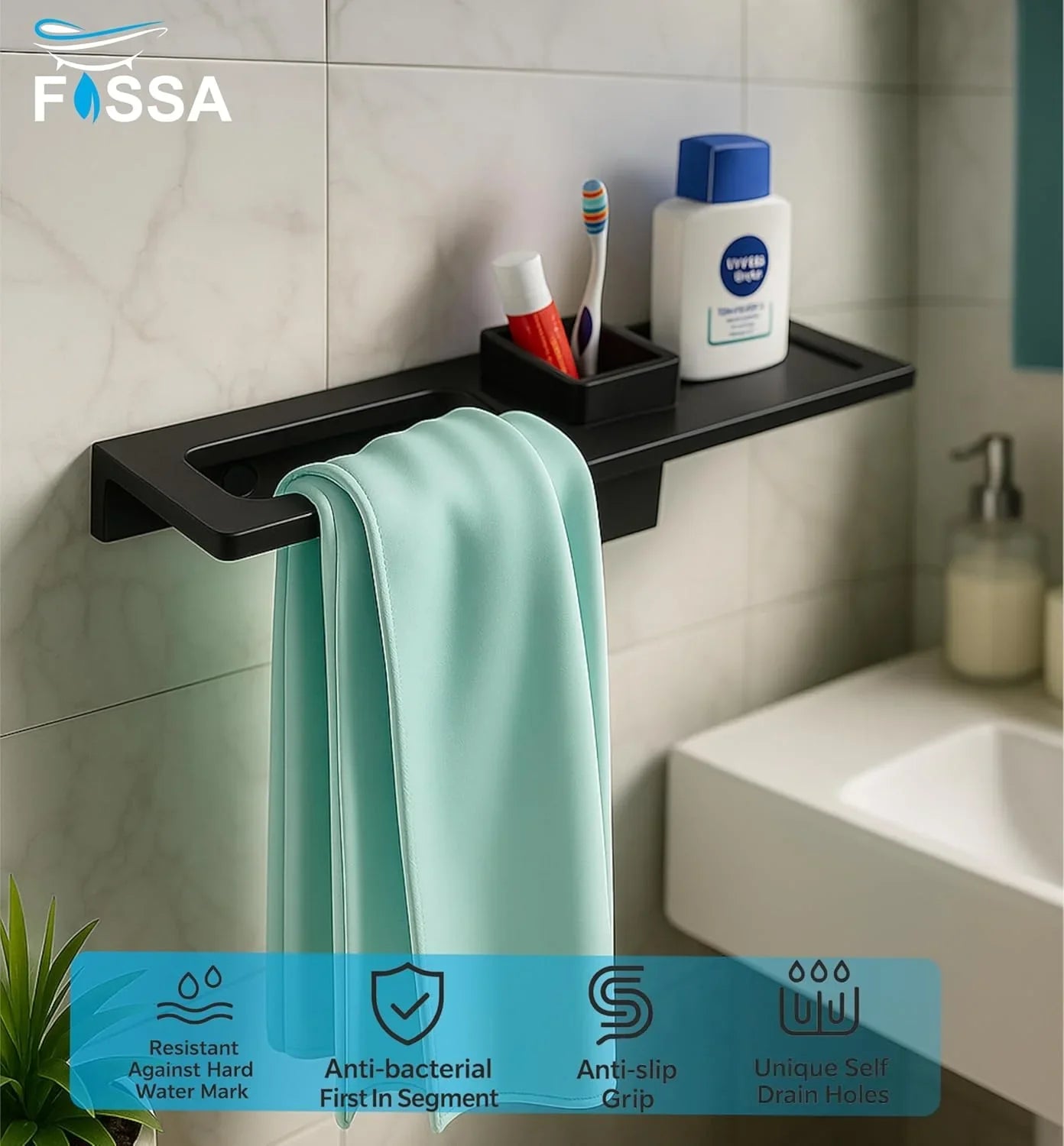 Fossa Classic Ceramic Sink Organizer with Towel Ring & Brush Holder – Multi-Functional Wall Mounted Bathroom Rack | Space-Saving, Rust & Fade Proof Holder | Black (Glossy Finish) - Fossa Home