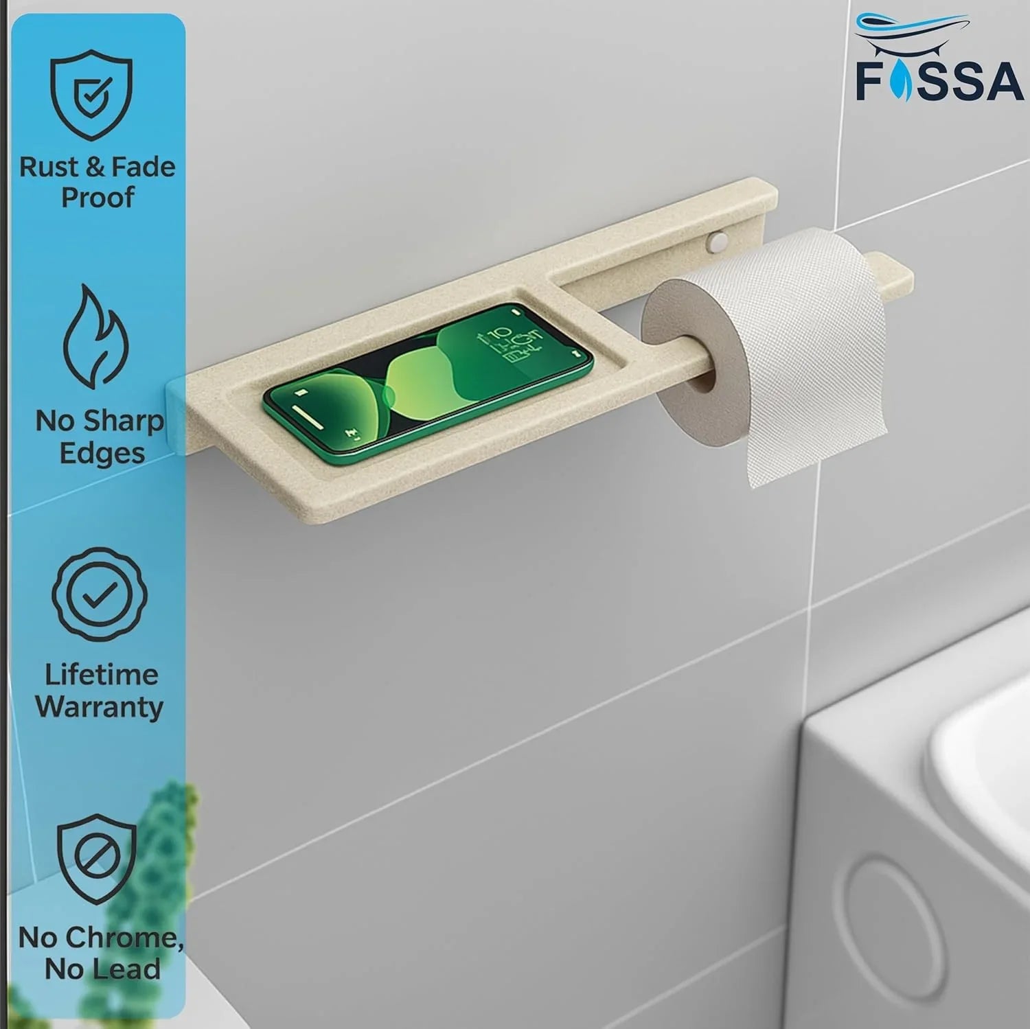 Fossa Classic Ceramic Toilet Paper Holder with Mobile Stand| No Sharp Edge, Safe for Children, Hard Water Resistant, Rust & Fade Proof, Anti-Bacterial Toilet Holder Glossy Finish (Ivory) - Fossa Home