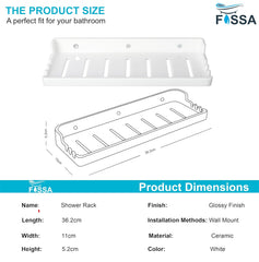 Fossa Classic Ceramic Wall Mounted Shower Shelf Rack – Anti-Slip & Bacteria-Resistant Organizer for Bathroom Storage | Multi-Soap Shower Holder | White (Glossy Finish) - Fossa Home