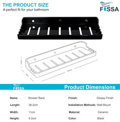 Fossa Classic Ceramic Wall Mounted Shower Shelf Rack – Luxurious Look, Anti-Slip Organizer for Modern Bathroom | Stylish & Functional Shower Caddy | Black (Glossy Finish) - Fossa Home