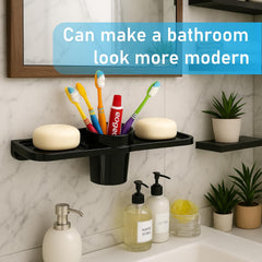 Fossa Classic Double Soap Dish with Glass – Ceramic Body Wall Mounted Soap Holder with Toothbrush Stand | Anti-Rust, No Sharp Edges | Bathroom & Kitchen Organizer Black (Glossy Finish) - Fossa Home