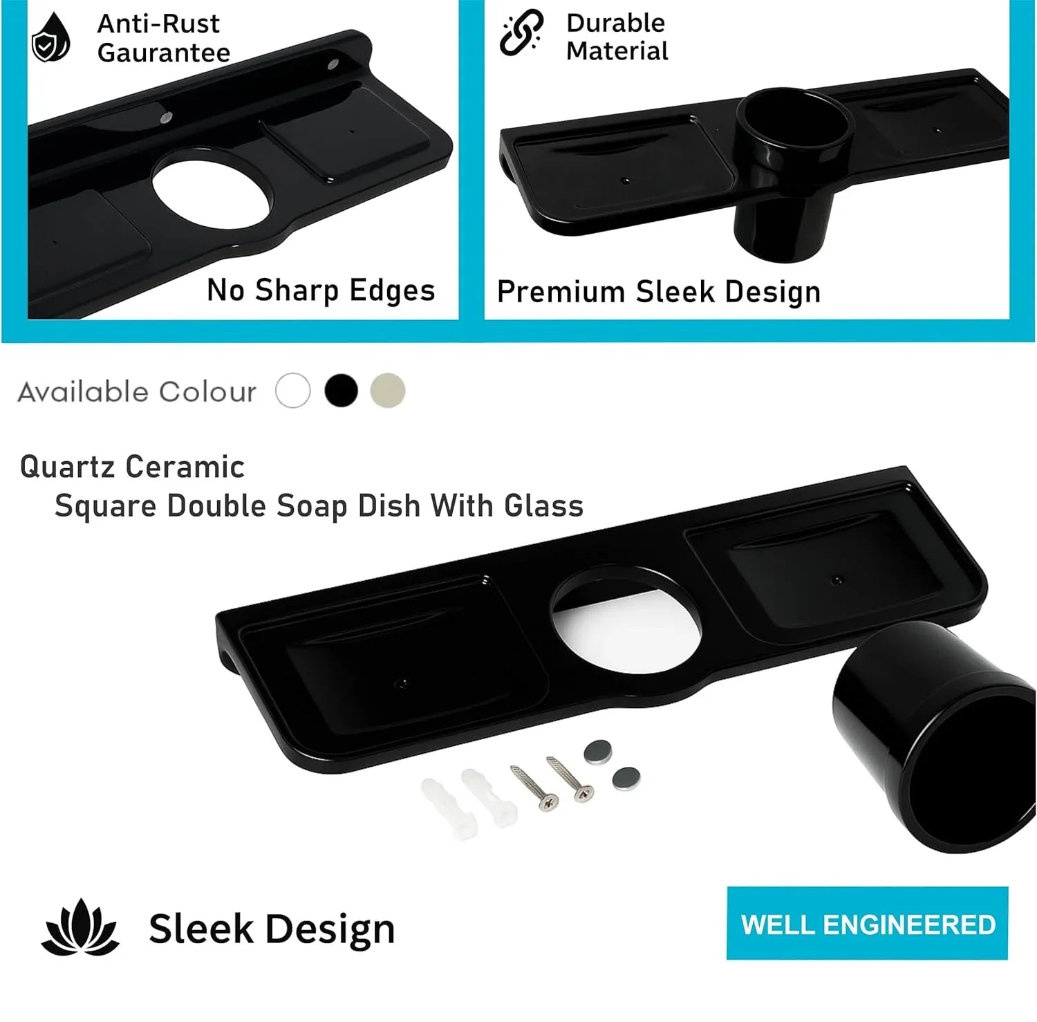 Fossa Classic Double Soap Dish with Glass – Ceramic Body Wall Mounted Soap Holder with Toothbrush Stand | Anti-Rust, No Sharp Edges | Bathroom & Kitchen Organizer Black (Glossy Finish) - Fossa Home