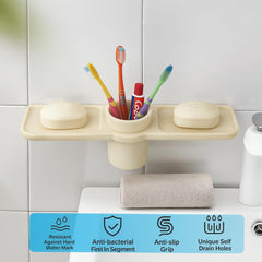 Fossa Classic Double Soap Dish with Glass – Ceramic Body Wall Mounted Soap Holder with Toothbrush Stand | Anti-Rust, No Sharp Edges | Bathroom & Kitchen Organizer Ivory (Glossy Finish) - Fossa Home