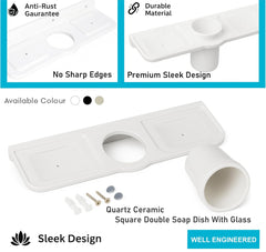 Fossa Classic Double Soap Dish with Glass – Ceramic Body Wall Mounted Soap Holder with Toothbrush Stand | Anti-Rust, No Sharp Edges | Bathroom & Kitchen Organizer White (Glossy Finish) - Fossa Home