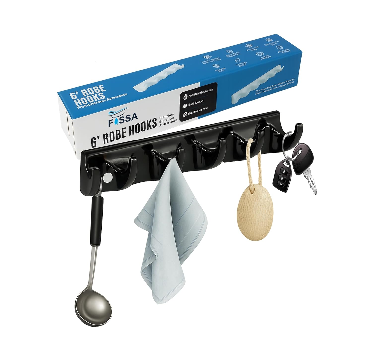 FOSSA Classy Ceramic Cloth Hanger – Stylish Wall Mounted Hook Rack with 6 Curved Hooks for Bathroom & Living Spaces Black (Glossy Finish) - Fossa Home